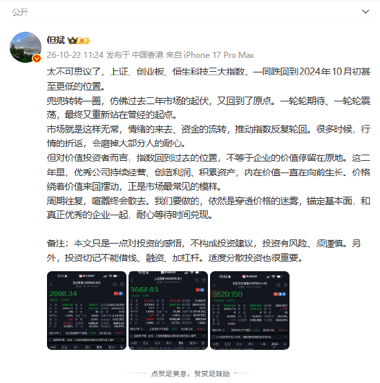 但斌：三大指数跌回2024年10月初甚至更低 太不可思议！