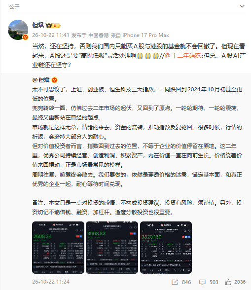 但斌：三大指数跌回2024年10月初甚至更低 太不可思议！
